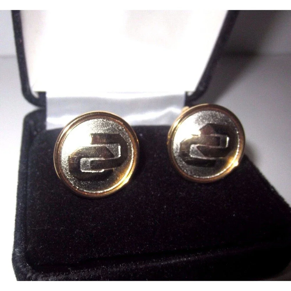 Vintage Round Emblem Cufflinks - Yellow & White Goldtone - With Box - Unsigned